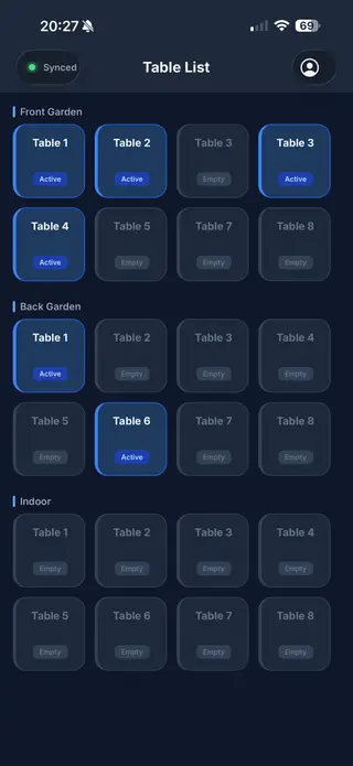 تطبيق النادل RestaurantManage — شاشة طلب الطاولة والتتبع